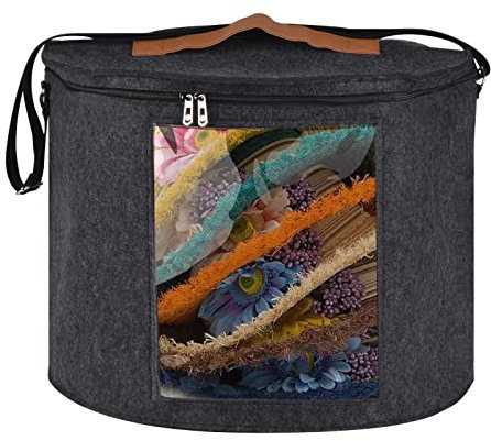 Bojuzhi 43 cm ×36 cm Großer Hutschachtel Rund mit Deckel Tragbarer Hutkoffer mit Tragegriff und Klarsichtfenster, Dunkelgraue Filz Aufbewahrungsbox Aufbewahrungskorb mit Aufhängeriemen