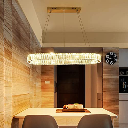 JMrider LED Pendelleuchte K9 Kristall Hängeleuchte Einfach Moderne Kronleuchter Edelstahl Dimmbar Mit Fernbedienung Höhenverstellbar Pendellampe Für Schlafzimmer Wohnzimmer Esszimmer Hängelampe,70cm