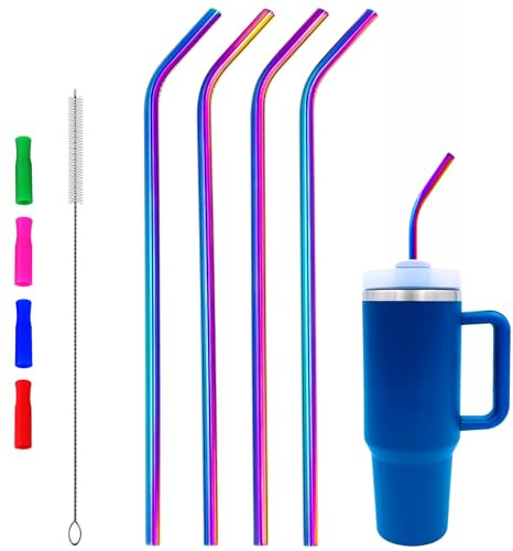 4 Stück 35.6 cm extra lange, wiederverwendbare gebogene Edelstahl-Metall-Trinkhalme mit Silikonspitze und Reinigungsbürste für einfache, moderne 907 ml Becher, Stanley 1.1 l Tasse, Wasserkrug, 628 ml