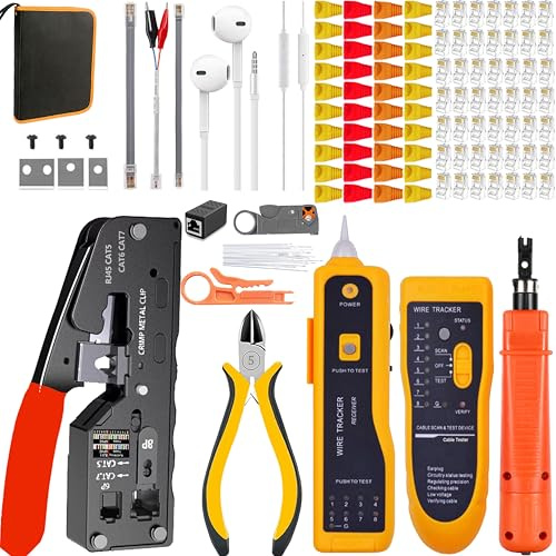 MAYLINEE RJ11/RJ12/RJ45 alicates de Kit Juego de Herramientas de Crimpado de red, Cortador de Crimpado de Pelado de Cables para /Cat5e/Cat6, 8P 6P Kit de Conector Pelacables de 50 Conectores (Naranja)