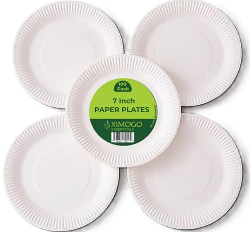 XIMOGO 7inch-Pack of 100-Paper Plates-Disposable Plates-Heavy Duty White Plates - Biodegradeable Tableware-Premium Quality Plates for Hot and Cold Food Ideal for Birthdays,Weddings&Outdoor Parties