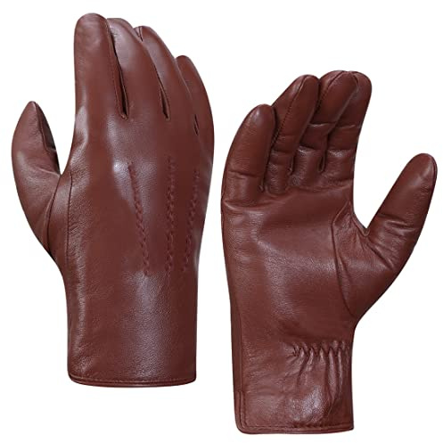 Harssidanzar Leder handschuhe Herren,Winter Kaninchenfell gefütterte weiche Echtlederhandschuhe KM047EU,Cognac,Größe S
