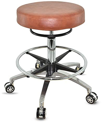 VAKON SALON - Design Rollhocker auf Rollen Hellbraun - Höhenverstellbarer von 55 bis 75 cm mit Fußring - Drehhocker Arbeitshocker Praxishocker