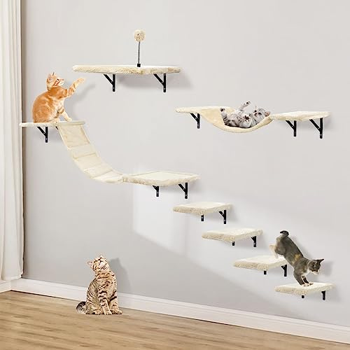 Katzenkletter-Set zur Wandmontage, mit Kletterregalen, Sitzstangen, Brücke, Hängematte, Kratzbrett und Ball, 7-teiliges Holz-Katzenmöbel für den Innenbereich, zum Spielen von Kätzchen, Beige