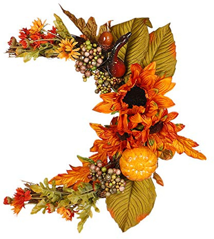 Mokylor Corona de Otoño Artificial, Forma de Media Luna de Hoja de Arce, Corona de Puerta Delantera de Otoño con Hojas de Arce Y Calabazas, Adorno de Acción de Gracias para el Hogar, Granja,(#1)