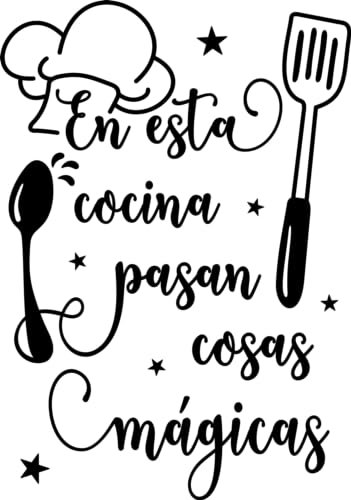 SoulArt® Vinilo decorativo con frase En esta cocina pasan cosas mágicas Pegatinas decorativas cocina. Decoración casa, vinilo pared autoadhesivo, vinilo de corte (20x29cm)