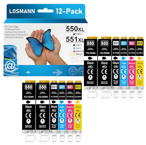LOSMANN 550 551 Druckerpatronen - Kompatibel für Canon PGI-550 CLI-551 für Pixma MX725 MX925 MX920 MG5650 MG5550 MG6650 iP7250 iX6850 iP7200 MG5400 MG6350 MG6450 MG5450 MG7150 MG7500 (12-Pack)