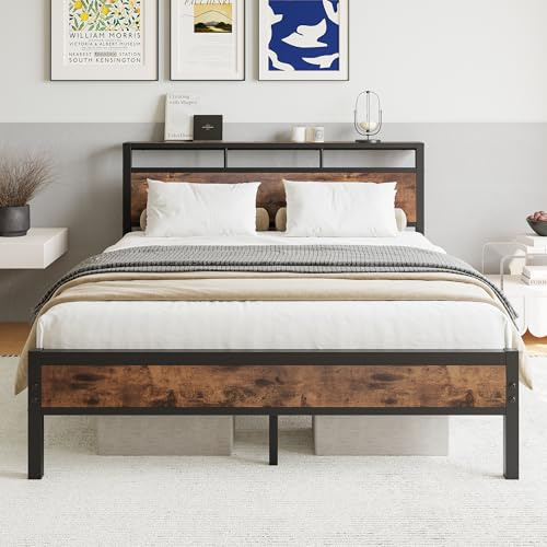 JELUTE Cadre de lit king size avec étagère de rangement en bois, cadre de lit plateforme en métal, pas besoin de sommier tapissier, sans bruit, pieds de soutien solides renforcés, noir