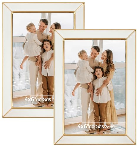 Frametory Enamel Picture Frame - 4x6 Gold Metal Edge White Enamel Picture Frame With Easel and Velvet Back for Tabletop Display, Bookshelf, 4x6 Wall Decoration, Photo Frames-2 Set