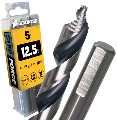 5 x spiralborr Step Force Ø12,5 mm – HSS-G DIN 338 för stål, byggstål, aluminium, färgmetaller AMBOSS WERKZEUGE® borrplåt, profiler – sexkant för borrmaskin, batteriborr, stående borrmaskin