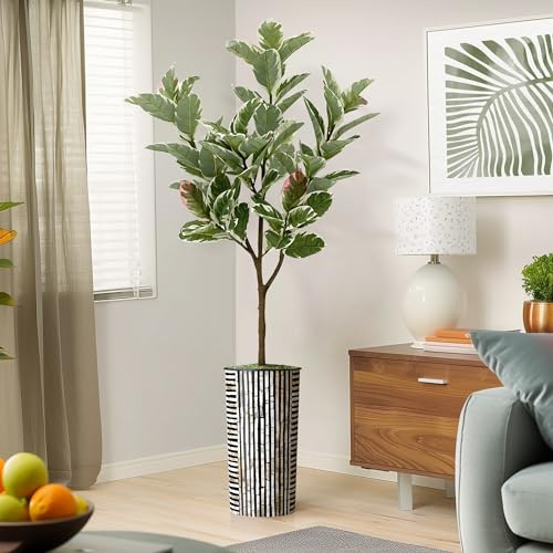 Artificial Tree in Black and Brown Striped Planter, Fake Rubber Silk Tree for Indoor and Outdoor Home Decoration - 70 Overall Tall (Plant Pot Plus Tree)