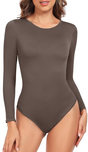 Lonya Body Mujer Manga Larga Bodysuit Redondo Shapewear Elástico Sexy Bodies Tanga Reductor Acanalado Jumpsuit Curry,M