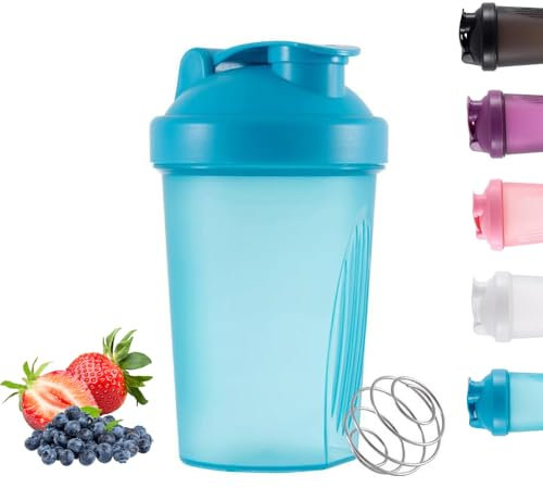 Basuit Protein Shaker Bottle, Shaker with Stainless Steel Mixing Ball, BPA- and DEHP-free, Dishwasher Safe, Leakproof Flip On Lid, Black, 400 ml(Blue)