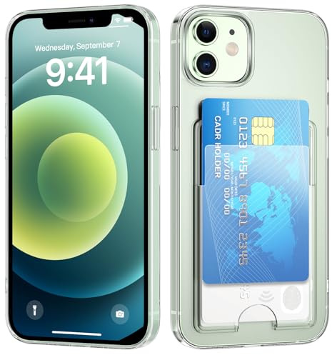 nicekool Hülle für iPhone 12/12 Pro mit Kartenfach für 2 Karten, Handyhülle Kartenhalter Transparente Rückseite Schutzhülle Dünn Weiche Stoßfest Handy Kartenetui Bumper Brieftasche Cart Case Cover
