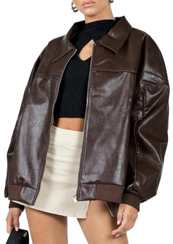 FeMereina Womens Oversized Leather Jackets Faux Casual Zip Up Trendy Bomber Motorcycle Jacket with Pockets