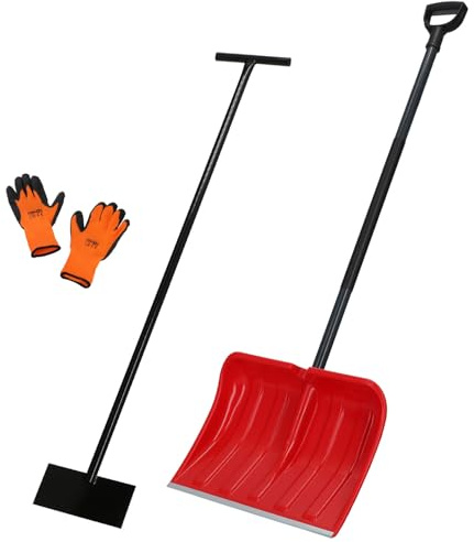 KOTARBAU® Set Schneeschaufel mit Metallstiel 133 cm Eisschaber 119 x 20 cm + Handschuhe warm Schneeschieber Schneeschaufel Auto Stoßscharre mit Stiel Schaufel mit Stiel