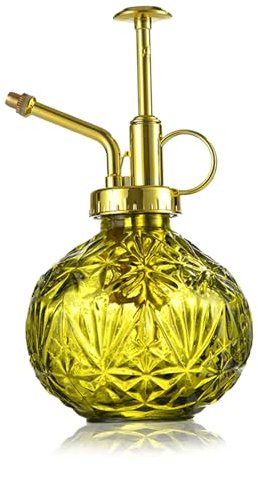 KoGiio Pflanzen Glas Sprühflasche, 240ml Retro Relief Pflanzensprüher mit Pumpe, Blumen Zerstäuber Drucksprüher für Balkon Kleiner Gartenpflanzen Indoor Haus Oder Büro Gelb Grün + Goldener Sprühkopf