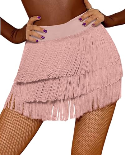 SEAUR Gonna latina da donna con frange, gonna da ballo con shorts, Tango Rumba Cha Cha Samba, abbigliamento da allenamento per danza, lunghezza gonna 38-39cm - EU S-XL= (Asia M-2XL), Colore: rosa., S