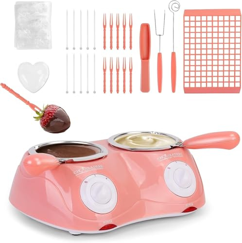 Fondue eléctrica de chocolate con doble olla para derretir chocolate con leche, queso, mantequilla, caramelos (rosa)
