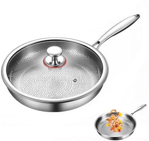Kouamor Padelle in titanio martellato con coperchio, padella multifunzione in titanio, padella in titanio per cucinare, padelle ultra resistenti ai graffi, padella Nutri antiaderente, per tutti i tipi