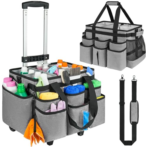 ZIOZERTT Large Rolling Cleaning Caddy Bag with Detachable Trolley,Cleaning Cart on Wheels with Shoulder Strap,Cleaning Supplies Organizer for Housekeepers,Gray