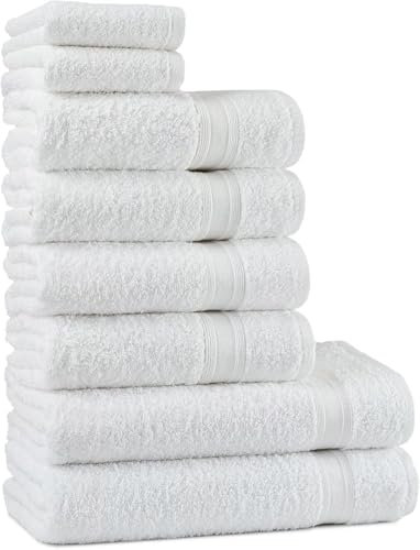 Generico 8 PEZZI Set Asciugamani Bagno Bianchi, Hotel, Cotone, 2 Telo Doccia 70x140cm + 4 Asciugamani 50x90cm + 2 Asciugamani Ospiti 38x50cm, ADATTI casa, hotel, SPA, dormitorio.