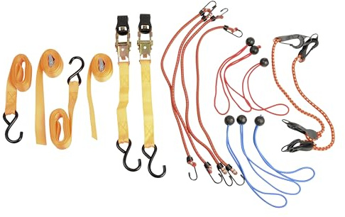 Set Cinghie Fissaggio e Corde Elastiche 16 Pezzi – Kit Fissaggio Bagagli Auto con Cricchetti, Ganci in Metallo e Plastica, Cinghie a Cricchetto e Fibbia – In Scatola Organizer