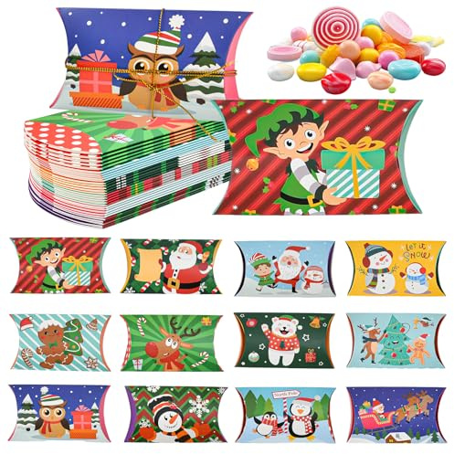 VGECEE 36 Pcs Cajas Carton Almohada Cajitas Regalo Pequeñas Navidad Cajas Chuches Cajas Almohada de Kraft Cajas Regalo Navidad Dulces para Bombon Caramelos Detalle + 2 Cordones Dorado 0.8 * 5m