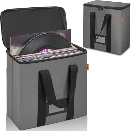 OUUTMEE 12 Pouces Sac de Rangement pour Disques Vinyles avec Fermeture Éclair, Capacité jusqu'à 50 Singles, Étui de Rangement Étanche Pliable - Adapté aux Albums, CD, Documents (Gris)