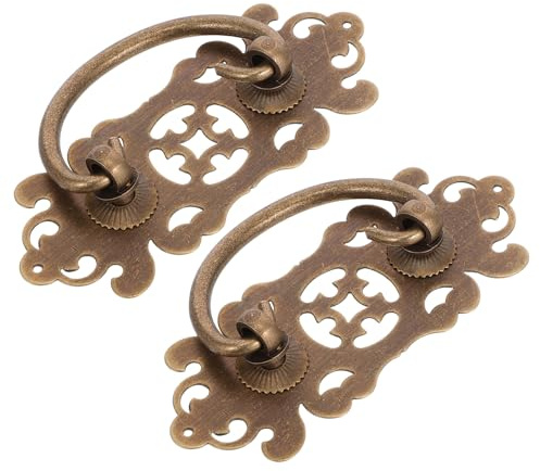 COLLBATH 2 Pcs Vintage Brass Drawer Handles Hollow Carved Design, Small Retro Redwood Furniture Pulls for Cupboards and Dressers, Antique Style Brass Knobs for Wardrobe and Desk Drawers