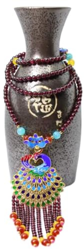 Naturlig granat Halsband Lång tröja Kedja Cloisonne Phoenix Porslin Vin Röd Lady Fringe