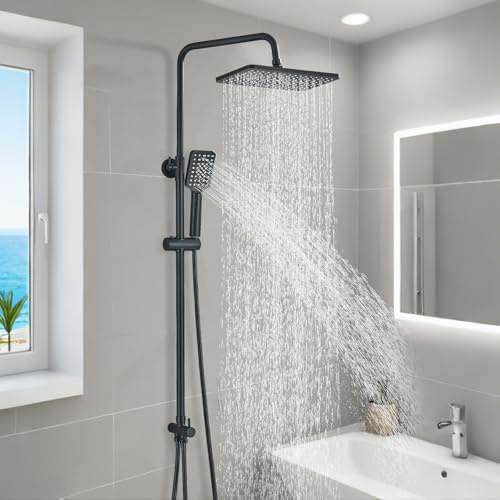 HUAHOMDY Schwarz Regendusche ohne Armatur Wandmontage Duschsystem Duschset ohne Armatur Höhenverstellbar Duschstange von 70-117cm mit Regendusche Duschkopf 29 * 19cm und 3 Strahlarten Handbrause