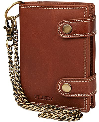 Wildery® RFID Biker Geldbörse mit Kette I Geldbeutel mit Kette Männer I Portemonnaie mit Sicherheitskette I Bikerkombibörse Hochformat I Männer Geschenke /#Vintage Chain WI110 (Schwarz) (Crunch)