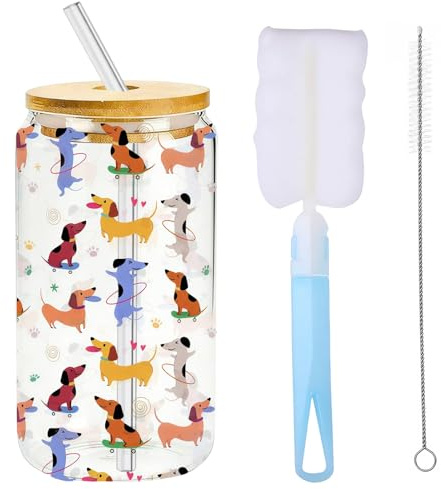 Clyrax Dachshund Gifts for Women, 500ml Sausage Dog Glass Cup with Bamboo Lid and Straw, Dog Lovers Gifts for Women, Glass Mugs for Iced Coffee, Cocktails, Drinks