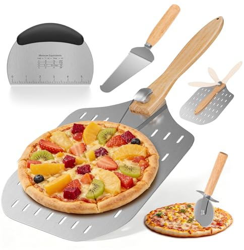 Pizza Peel 12 Inch Perforated, 4PCS Pizza Peel Set Oven Accessories | Folding Wooden Short Handle 12 Pizza Paddle with Small Spatula & Turner, Rocker Cutter, Dough Scraper for Making Pizza Bread