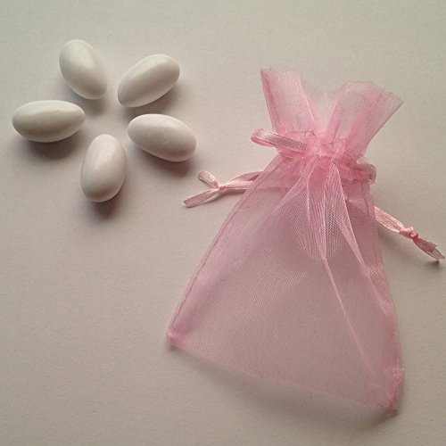 Hochzeitsmandeln weiß glänzend 1 kg zus. 65 Organzasäckchen gratis -Angebot- Gastgeschenk Hochzeit Bonboniere Give Away Zuckermandeln - Koufeta italienische Confetti Dragees, Organzabeutel Farbe: rosa