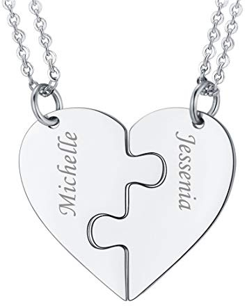 U7 BFF Necklace for 2 Girls, 2-Piece Heart Pendant Set in Stainless Steel, Matching Friendship Jewellery for Women, Never Fade Silver