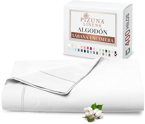 Pizuna Sabana encimera Cama 210 Algodon Blanco,Tejido Satinado de Lujo 100% algodón de Fibra Larga de 400 Hilos Sabana encimera Cama 210 cm (Lámina Plana Blanco - 1 Pieza)