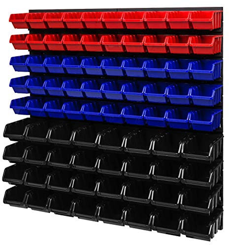 PAFEN Stapelboxen Wandregal 772 x 780 mm - Lagersystem Sichtlagerkästen Schüttenregal - Wandplatten 82 Stück Boxen (Rot/Blau/Schwarz)