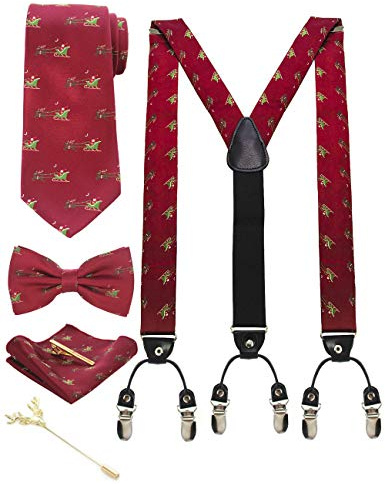JEMYGINS Herren Weihnachten Hosenträger in Seide 3.5cm Y Form und Längenverstellbar Hosenträger Breit mit 6 starken Clips und Krawatte Fliege Einstecktuch Set in Geschenkbox