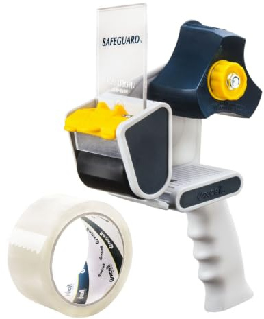 Excell Safeguard packbanddispenser (5 cm bred): Infällbart bladskydd för säkerhet, tryckflik för jämn skärning och enhandsanvändning. Perfekt för frakt och kartongtätning. Inkluderar 1 tejprulle.