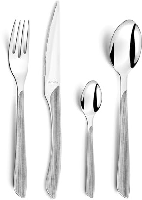 Amefa ECLAT Besteck Set NATURE Grau Holz Essbesteck 24-teilig für 6 Personen Edelstahl rostfrei Kunststoff-Griffschalen in Holzoptik spülmaschinenfest Besteck Set 6 Personen