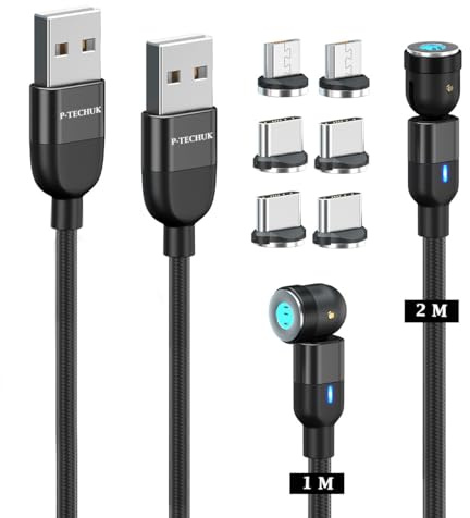 P-TECHUK Fast Charging Magnetic Data Cable, Magnetic Charging Cable with Data Transmission. Type C and Micro Usb connectors - A17 Black (1M 2M Cables, 6 x Tips)