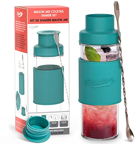 Masontops Cocktail Shaker Set – Glass Mason Jar Drink Shaker – 4 PC Set with Metal Swizzle Stick - Teal