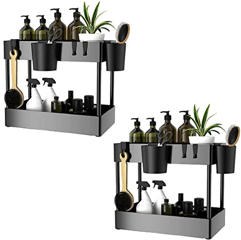 Paquete de 2 organizadores y almacenamiento debajo del fregadero, Ninyoon de 2 niveles de almacenamiento organización, soporte para estante de 2 tazas/paquete para baño, cocina, mueble de lavabo