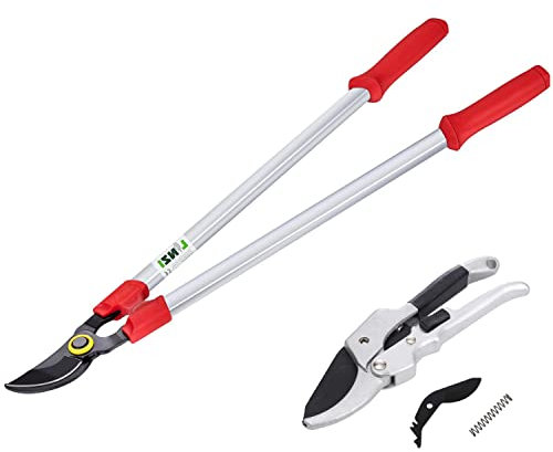 LINZI Garden Shears Set 2PCs, Bypass Loppers Heavry Duty 30 Inch + Ratchet Anvil Secateurs Pruning Shears 200mm 8 Inch, SK-5 Steel Blades, Garden Manual Lopping Pruners Scissors Cutters 651240