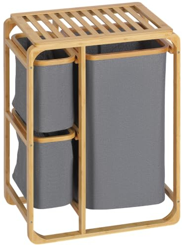 HOMCOM Cesto para Ropa Sucia de Bambú con 3 Bolsas 50x32x69,7 cm Gris | Bolsas de Tela Extraíbles, Estante Abierto, Cesta para la Colada, Baño Dormitorio