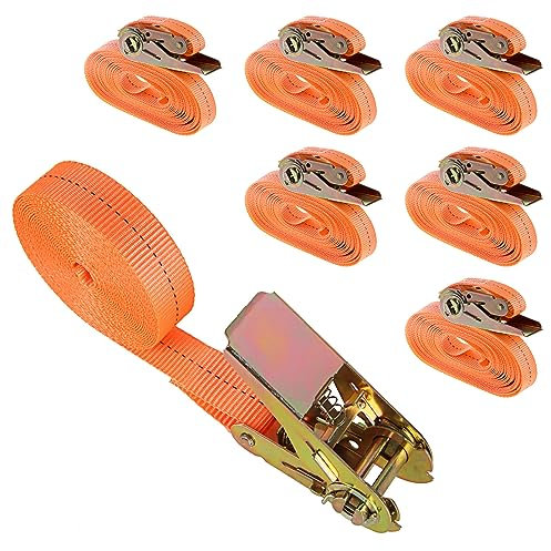 Aselected Heavy Duty Ratchet Straps, Cam Buckle Tie Down and Car Tensioning, Adjustable Tensioning, Suitable For Motorcycles, Cargo, TrucksVisit, Orange, 2.5 cm x 5 m, Set of 6