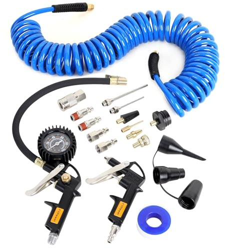 FYPower 16 Pieces Heavy Duty Air Compressor Accessory Kit, 1/4 inch 25ft Recoil Poly Air Compressor Hose Kit, 100PSI Tire Inflator Gauge, Blow Gun and Nozzles, 1/4 NPT Air Coupler and Plug Kit