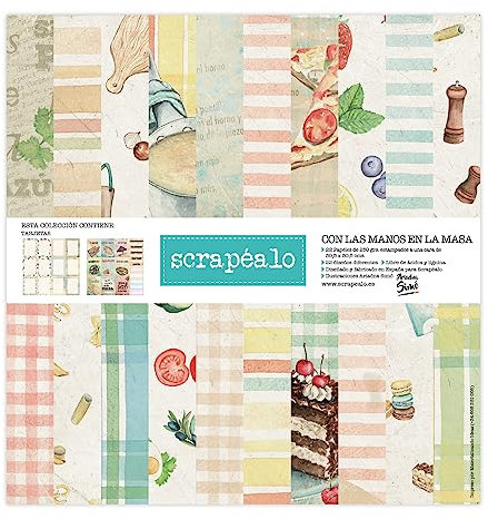 Con las manos en la masa: Colección de 22 papeles para scrapbooking con tarjetas recortables | tamaño 30,5 x 30,5 cm. | papel de 250 gr./m² | 22 papeles impresos a color a una cara. | Incluye diecuts.